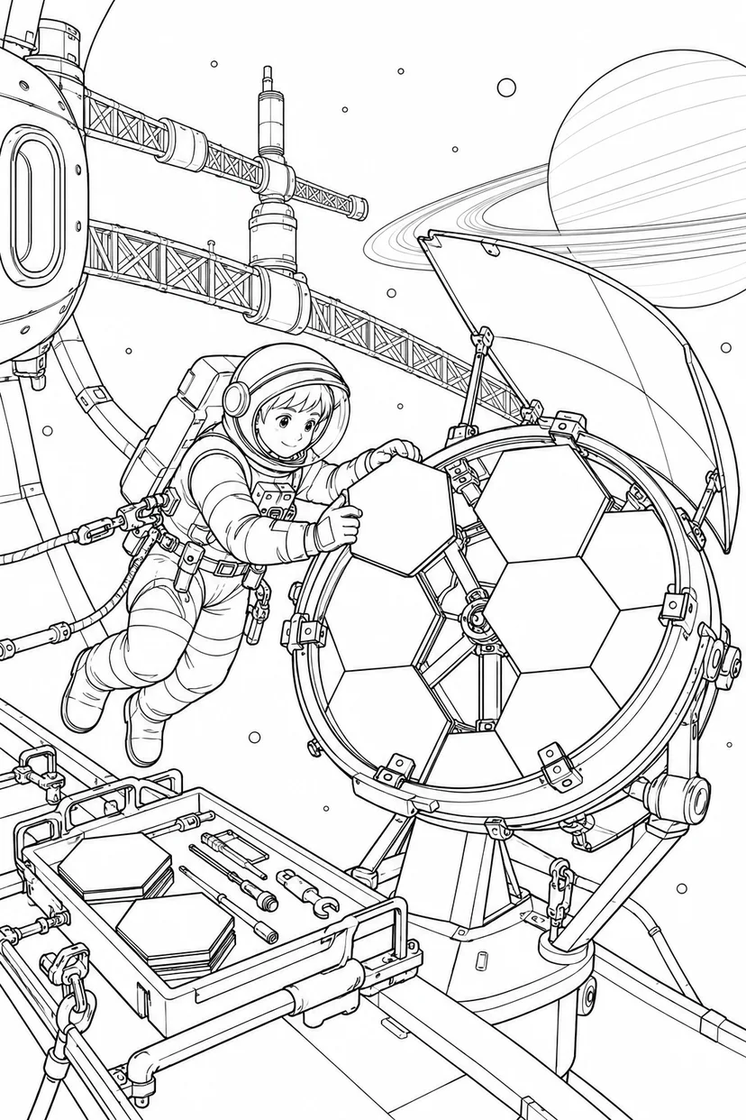 環のある惑星の軌道基地：組み立て中の望遠鏡の塗り絵