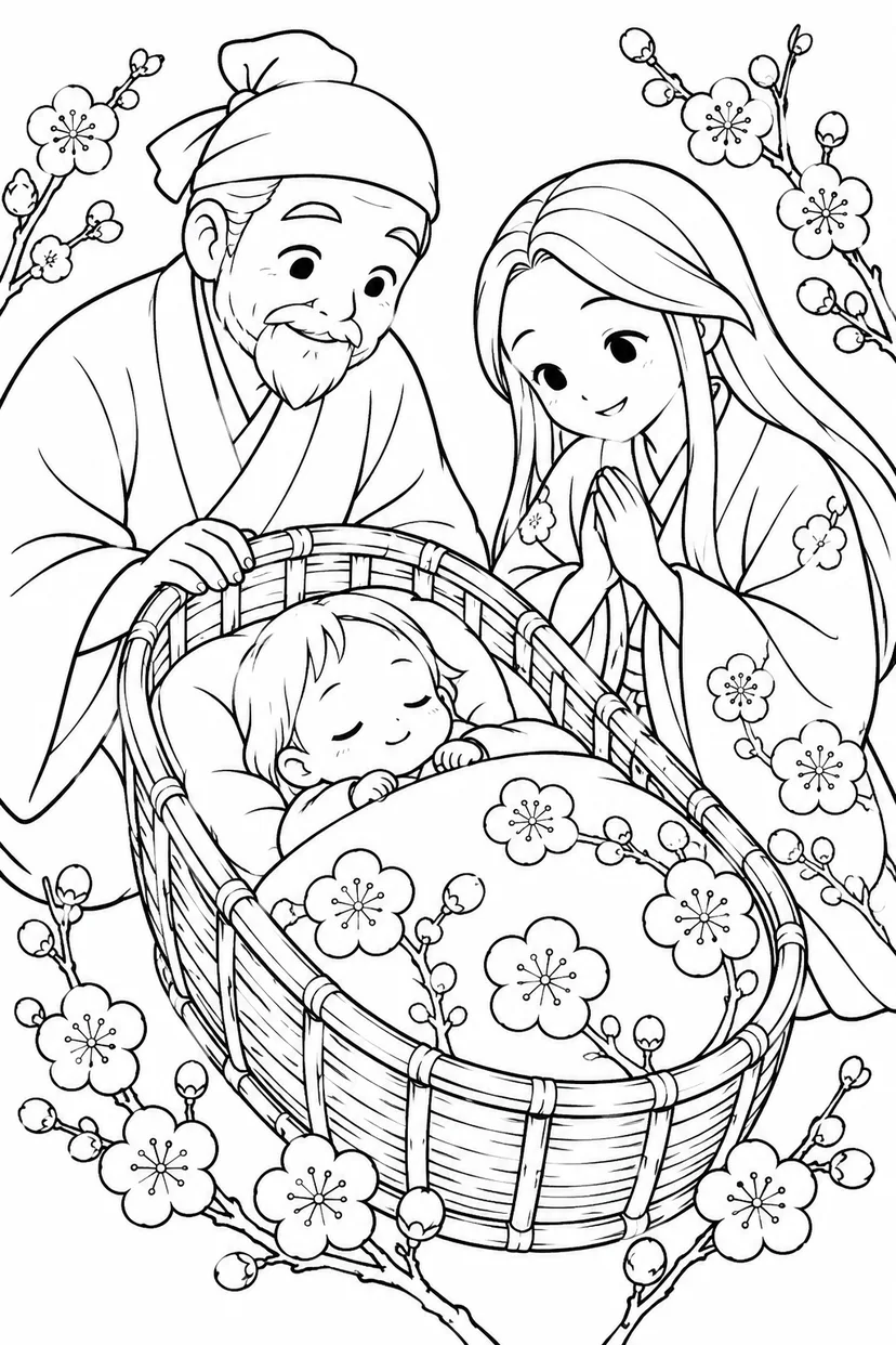 竹かごのおふとんとかぐや姫の塗り絵