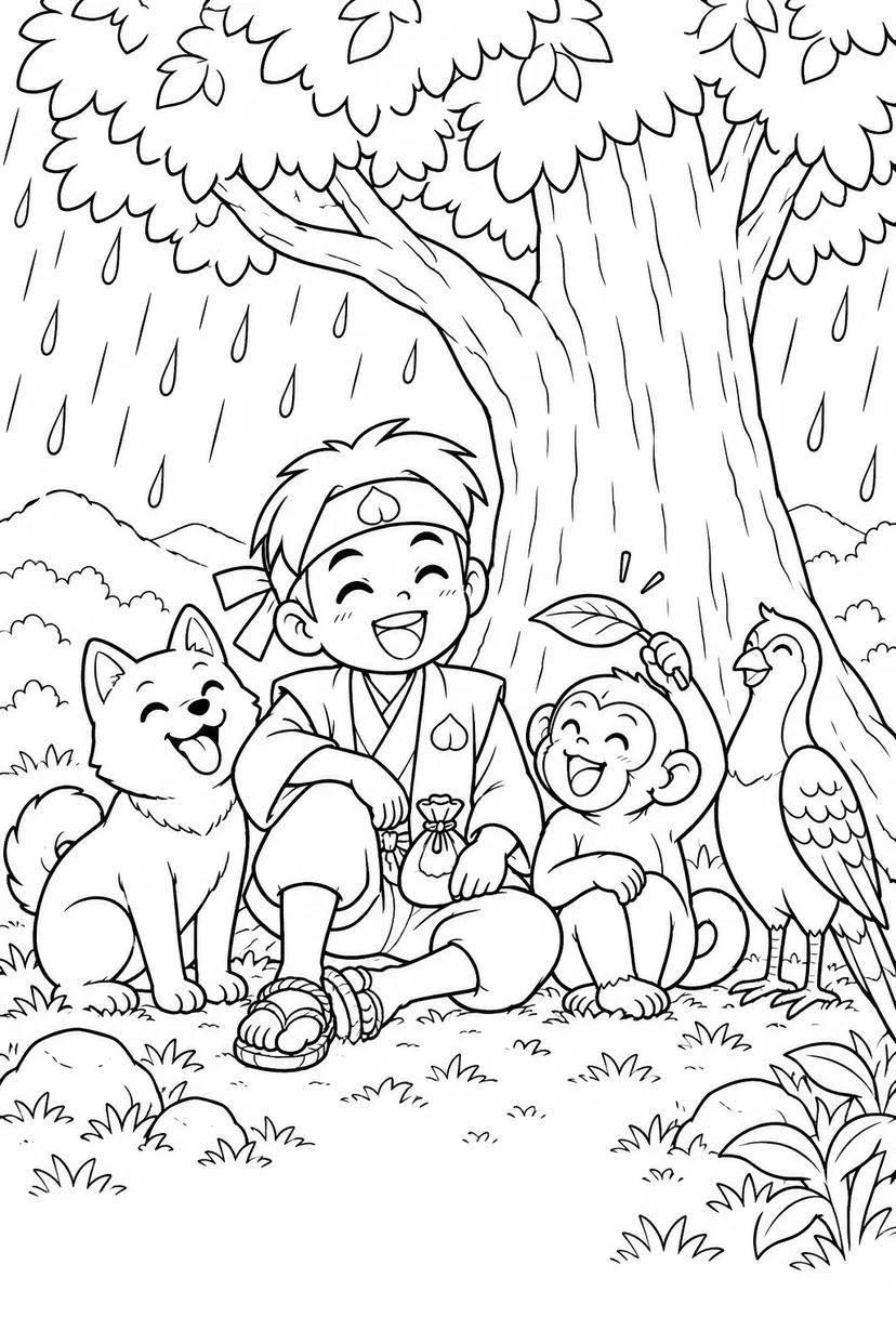 ギャグ桃太郎：桃太郎一行の雨宿りの塗り絵