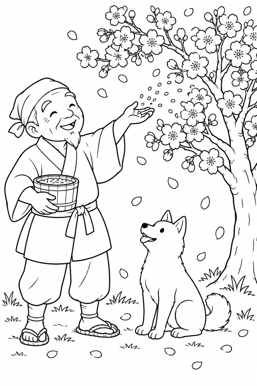 はなさかおじさん：桜を咲かせるひとふり（ほっこり）の塗り絵