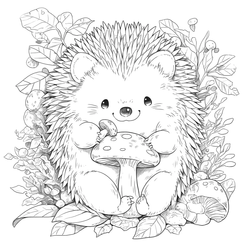 かわいいハリネズミとキノコの塗り絵