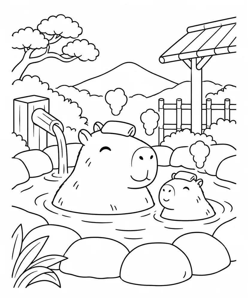 カピバラと温泉の塗り絵