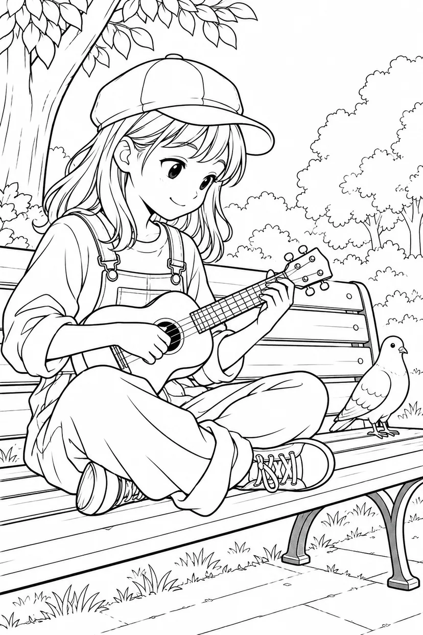 ベンチでウクレレの塗り絵