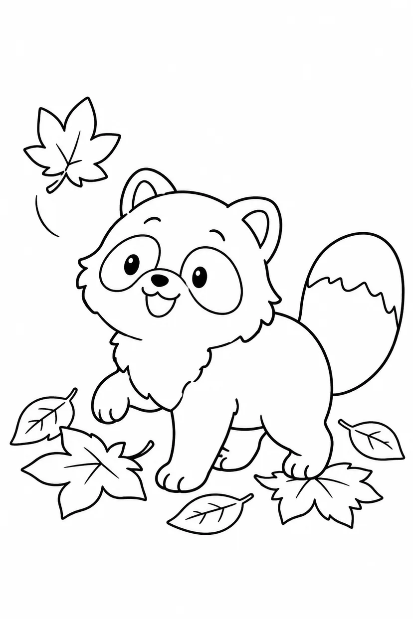 たぬきと落ち葉の塗り絵