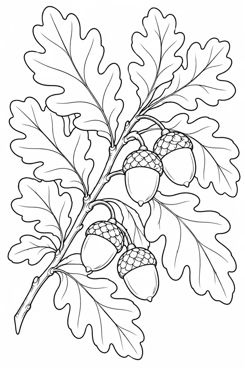 どんぐりと樫の葉の重なりの塗り絵