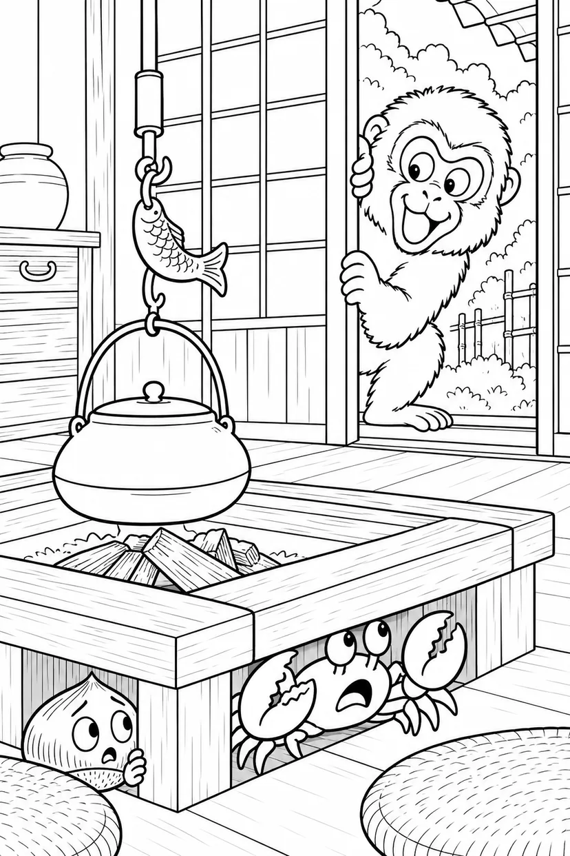 さるかに合戦 ギャグ：囲炉裏にかくれる栗の塗り絵