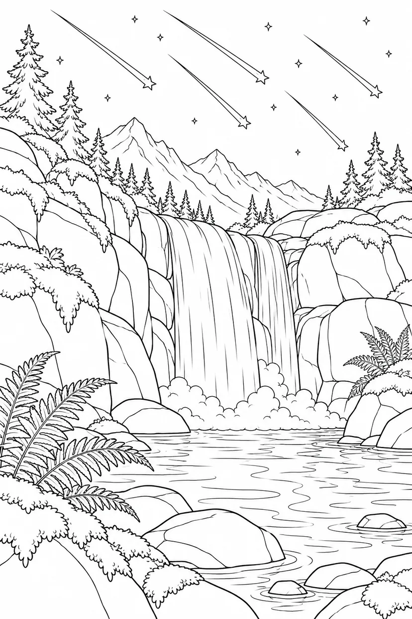 苔むした滝壺と流星群の塗り絵