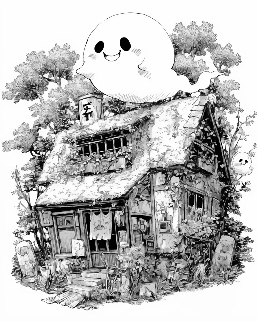 笑顔の幽霊と古い家の塗り絵