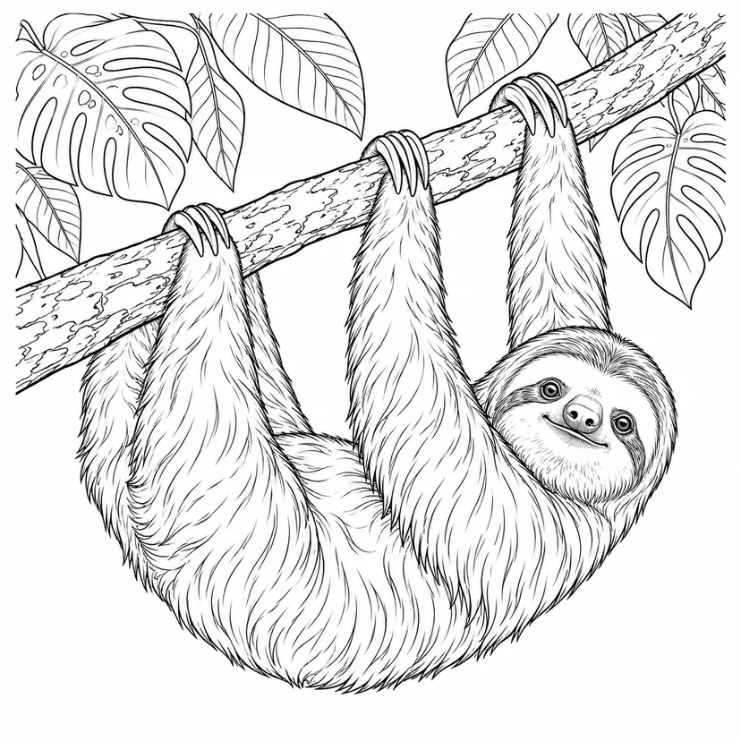 枝の間で休むナマケモノの塗り絵