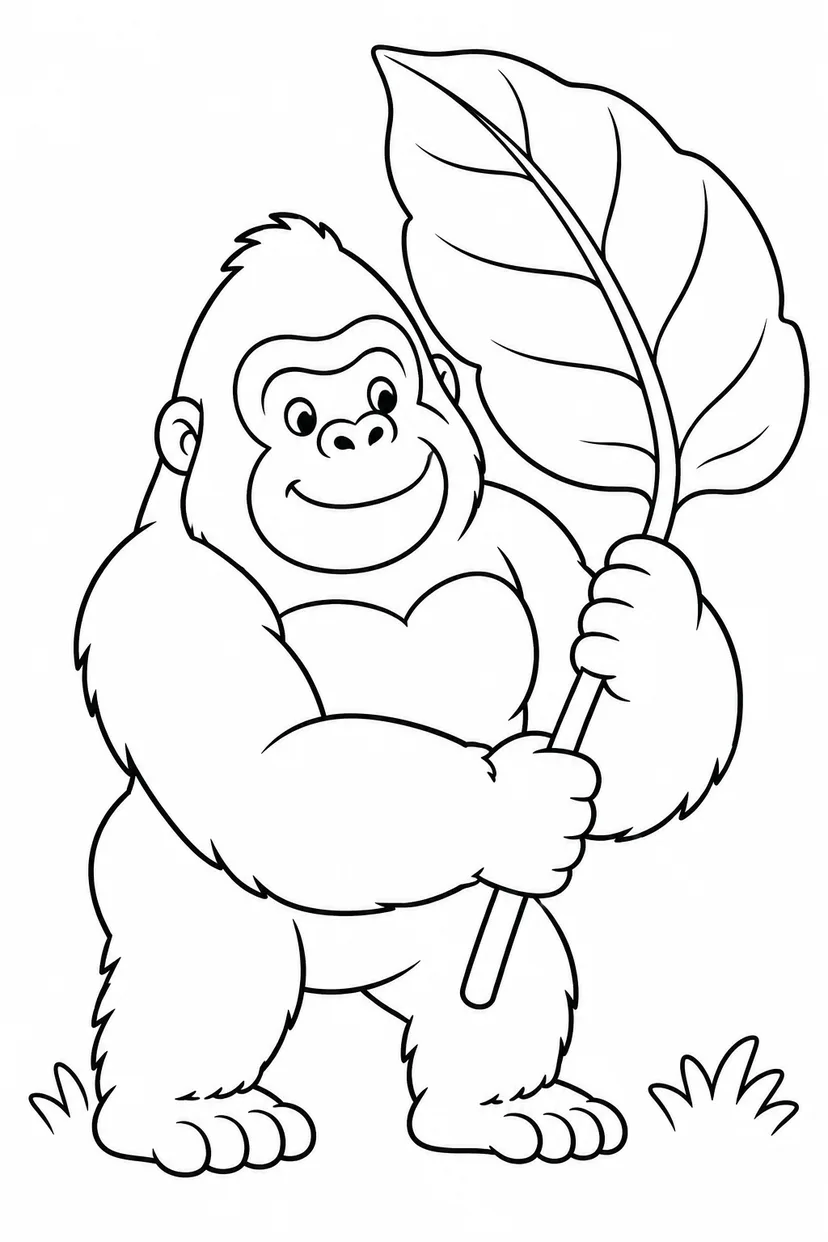 ゴリラと大きな葉の塗り絵