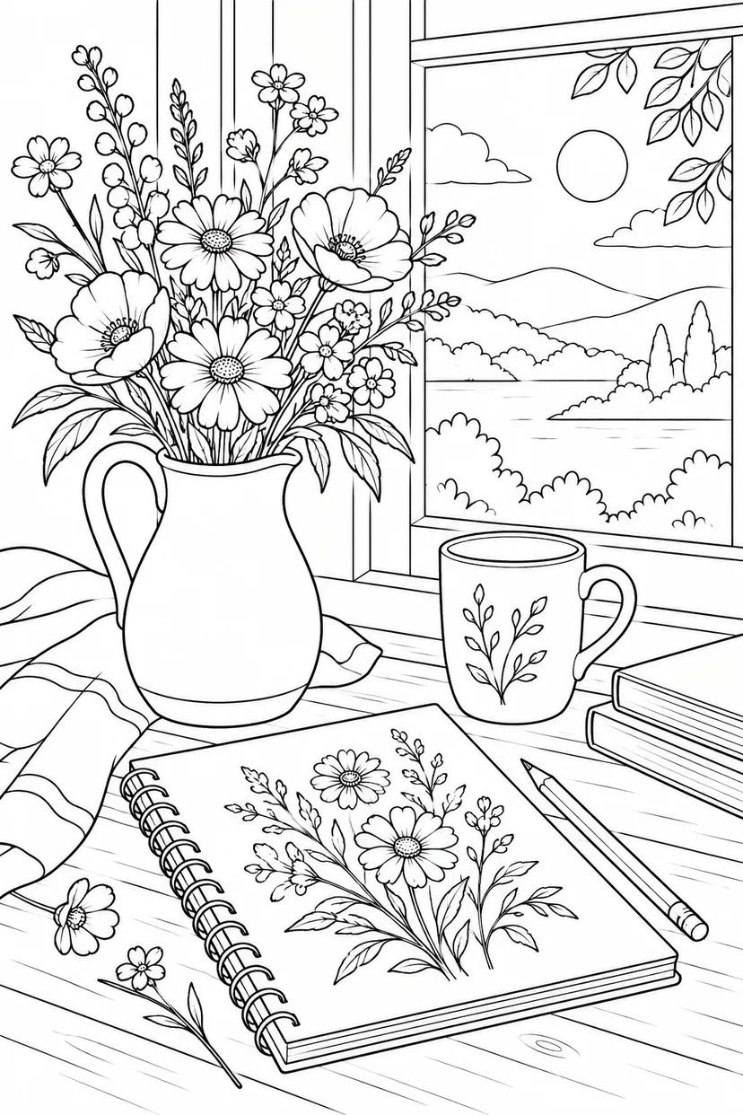 窓辺のスケッチブックと野の花の塗り絵