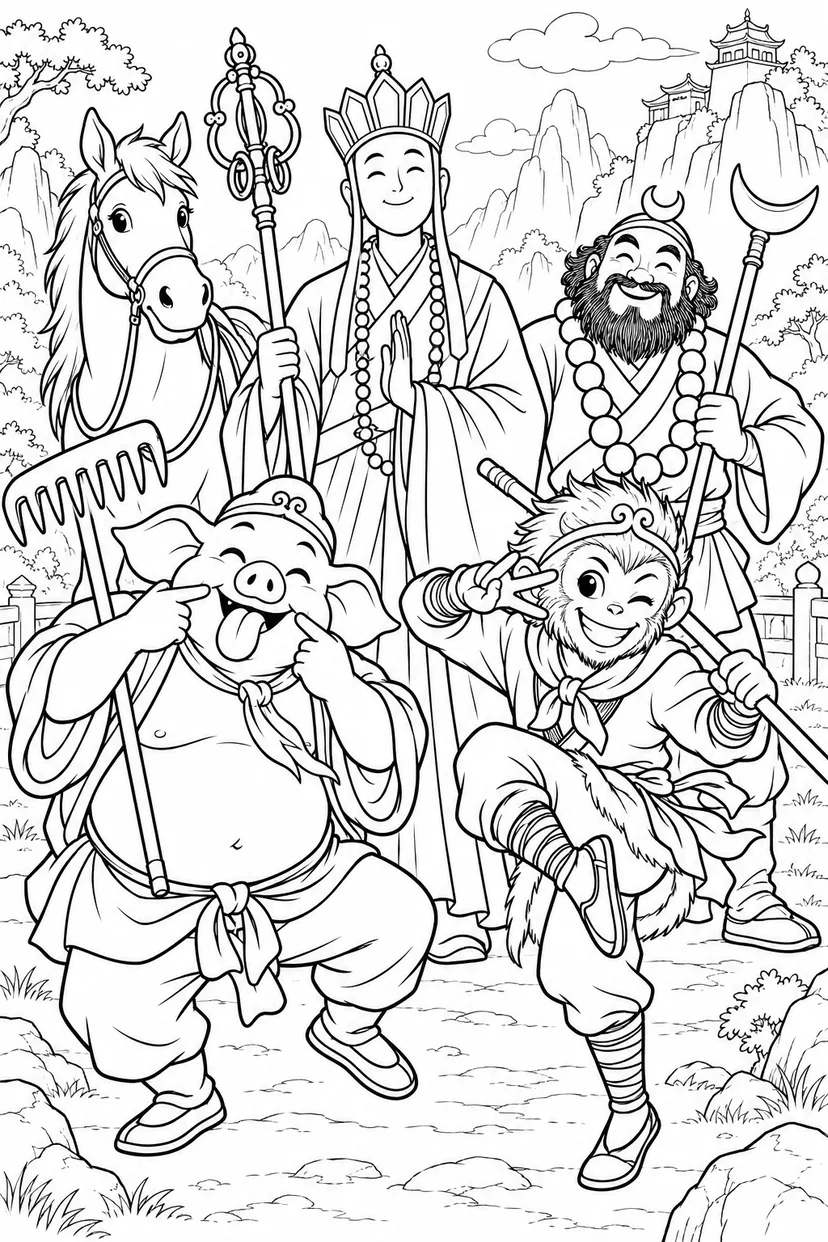 どたばた西遊記：三蔵と旅の仲間たちの塗り絵