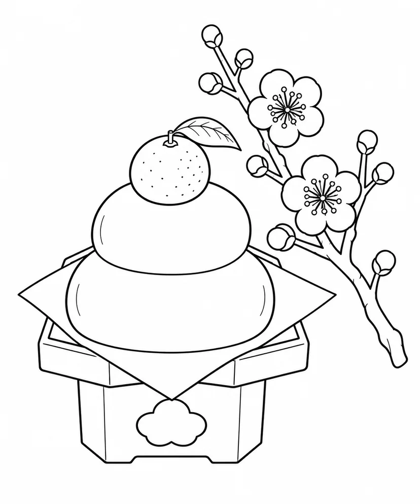 鏡もちと梅の枝の塗り絵