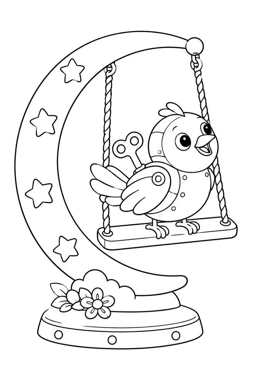 歯車の鳥と星のブランコの塗り絵