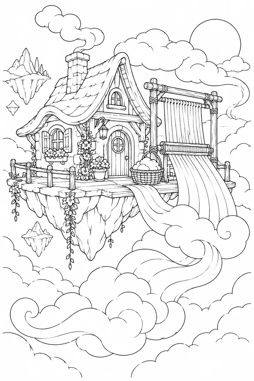 雲を編む空の機織り小屋の塗り絵