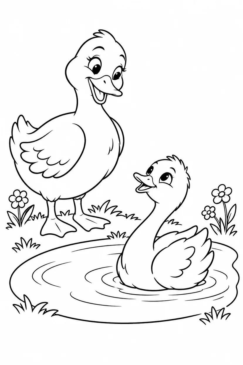 醜いアヒルの子：水たまりで初めての泳ぎの塗り絵