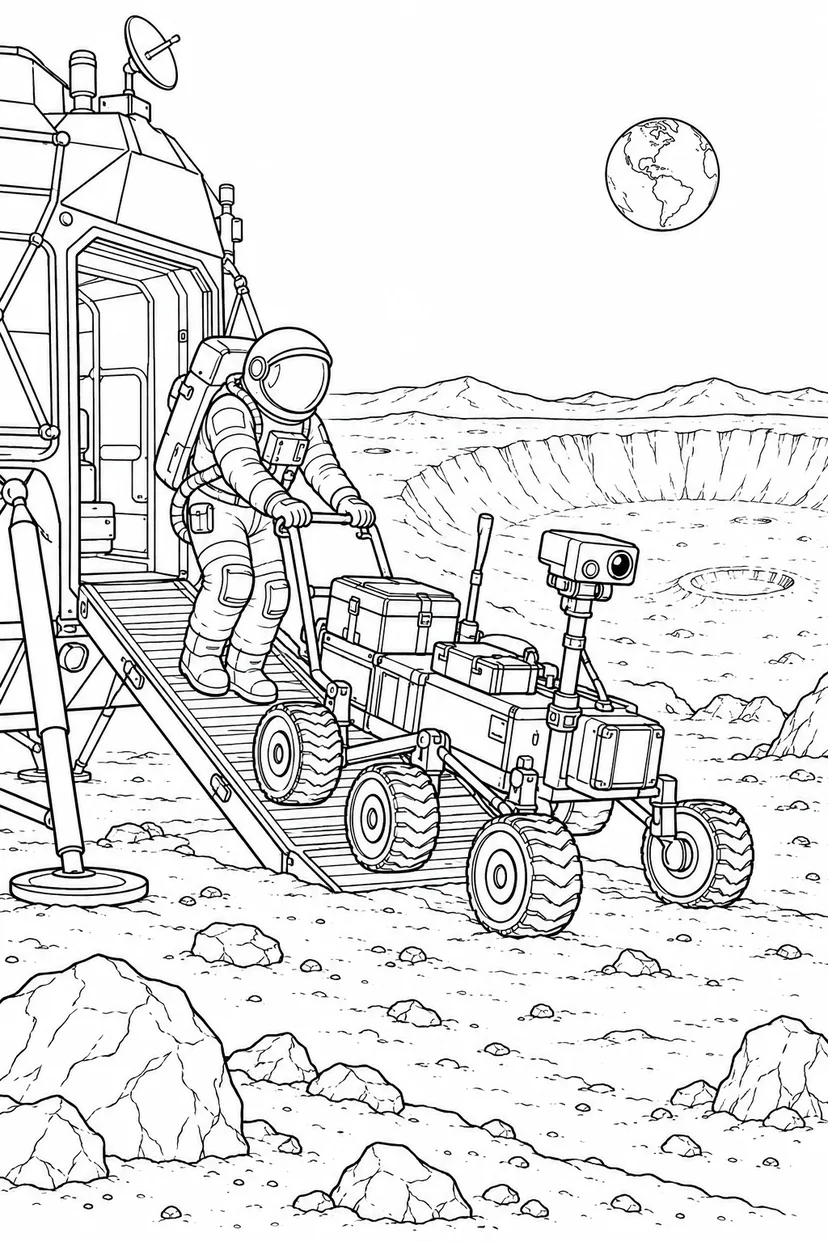 月のクレーター基地：探査車の出発準備の塗り絵