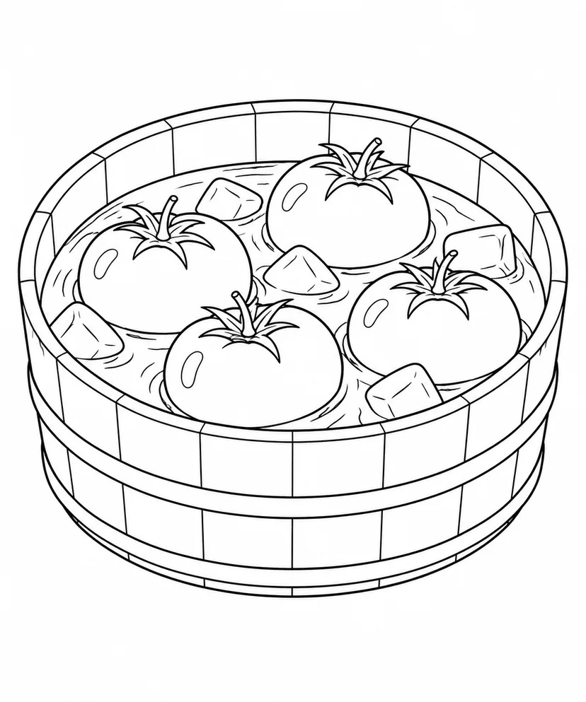 Desenho de Tomates gelando numa bacia de água para colorir