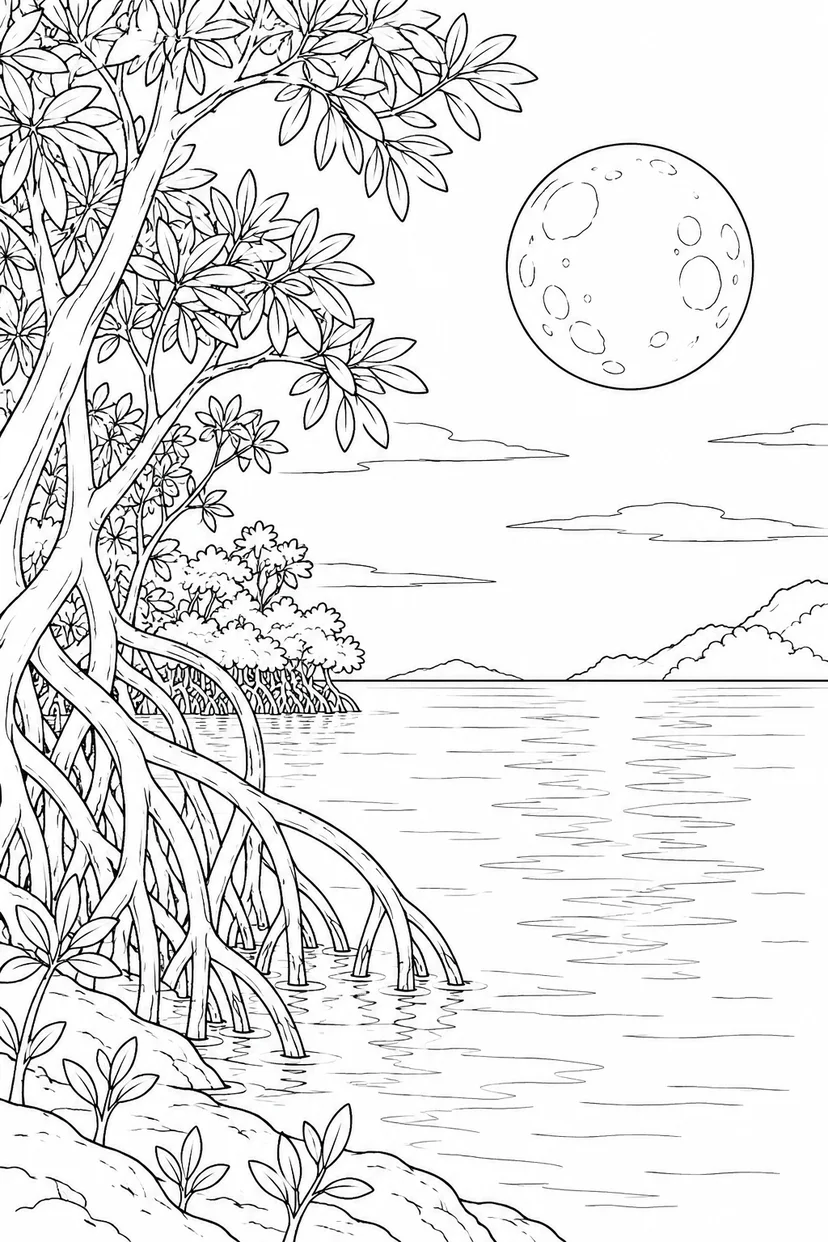 マングローブの入り江と満月の塗り絵