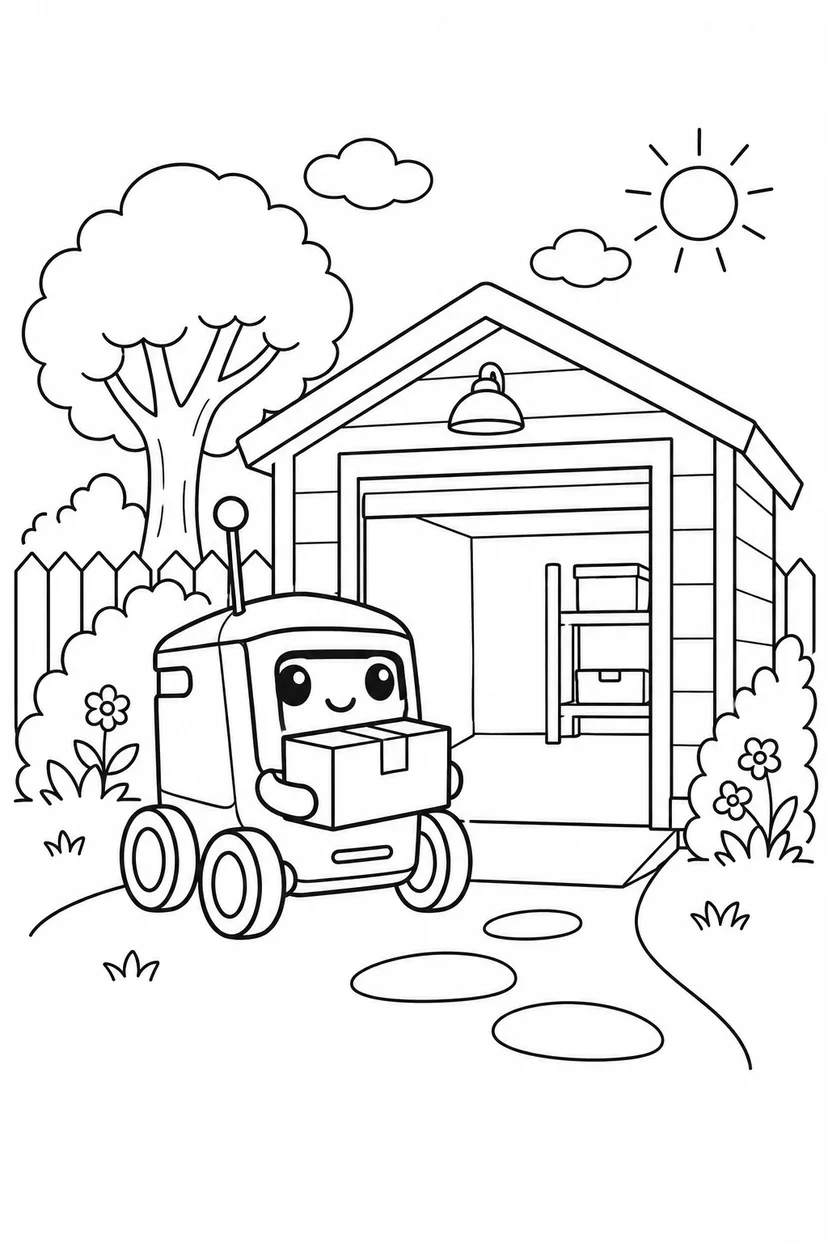 小型配送ロボットと車庫の塗り絵