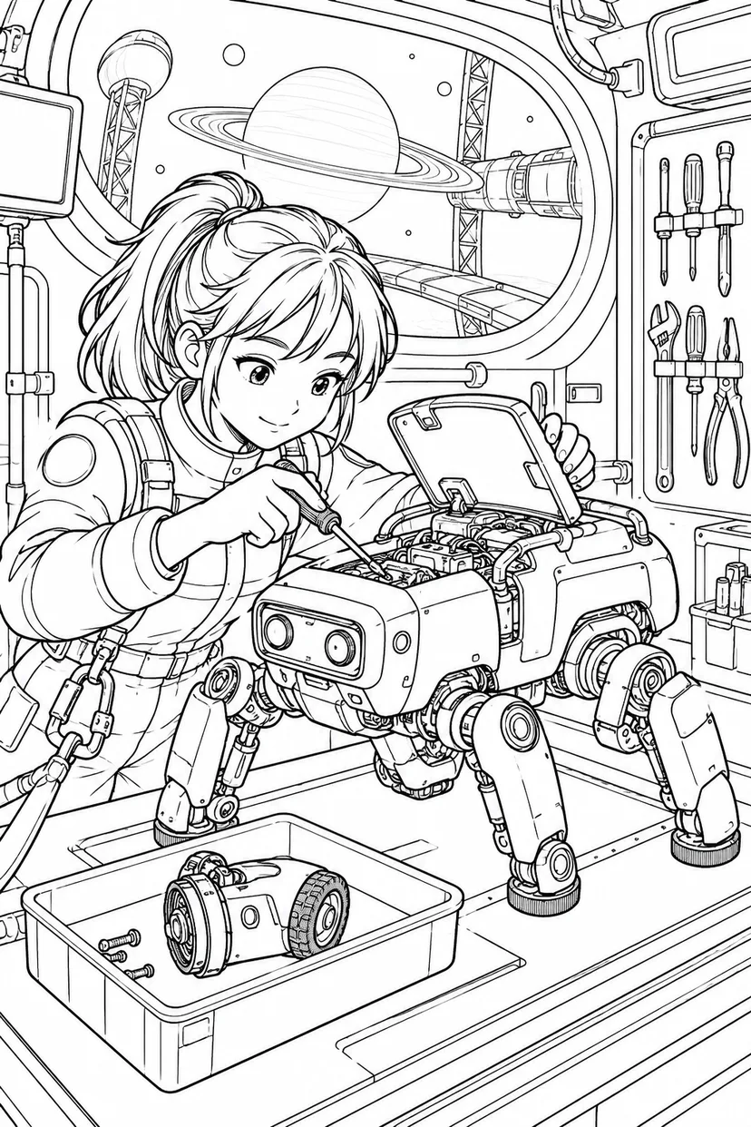 環のある惑星の軌道基地：ロボットの整備工房の塗り絵