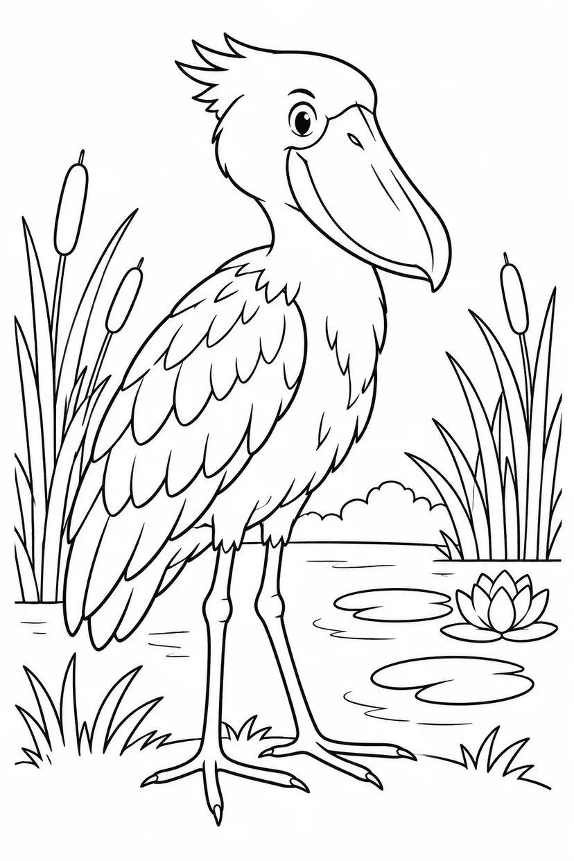 ハシビロコウと水辺の塗り絵
