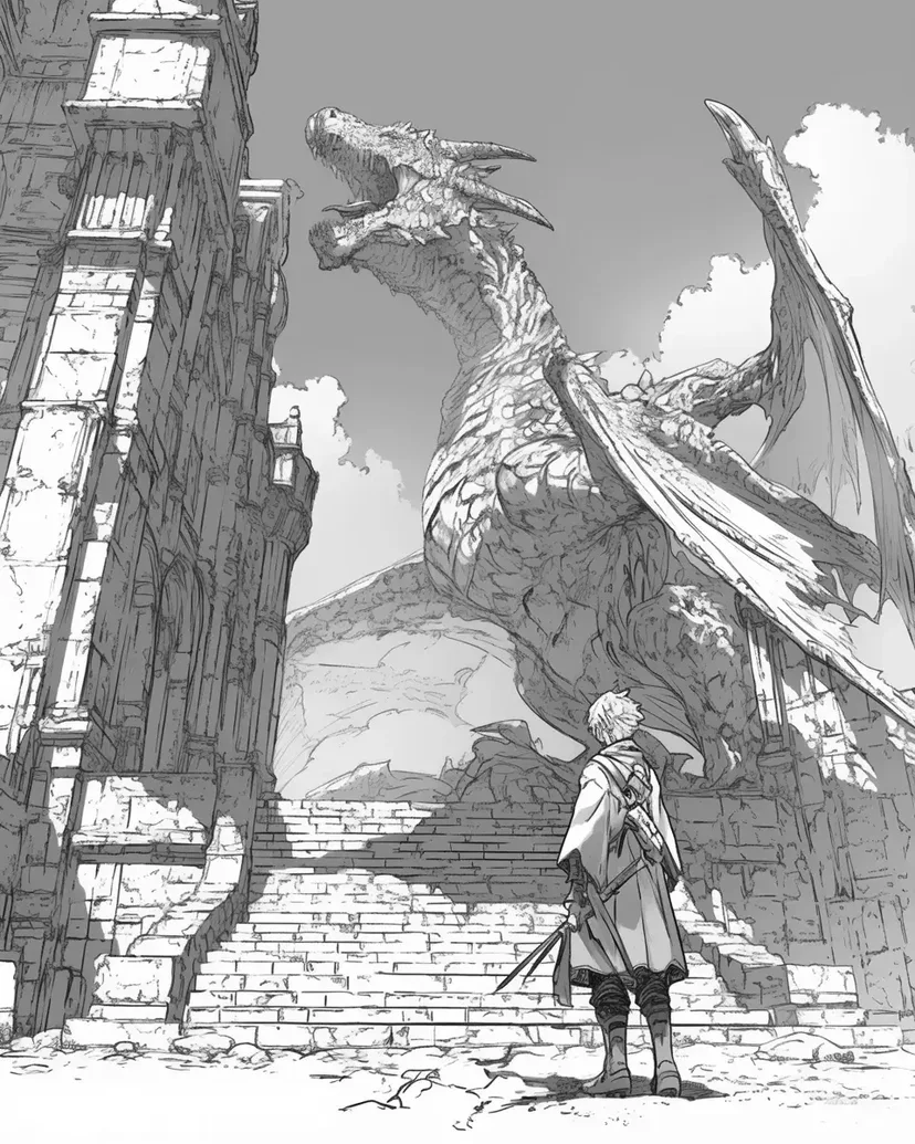 Dibujo de Templo Antiguo y Dragón para colorear