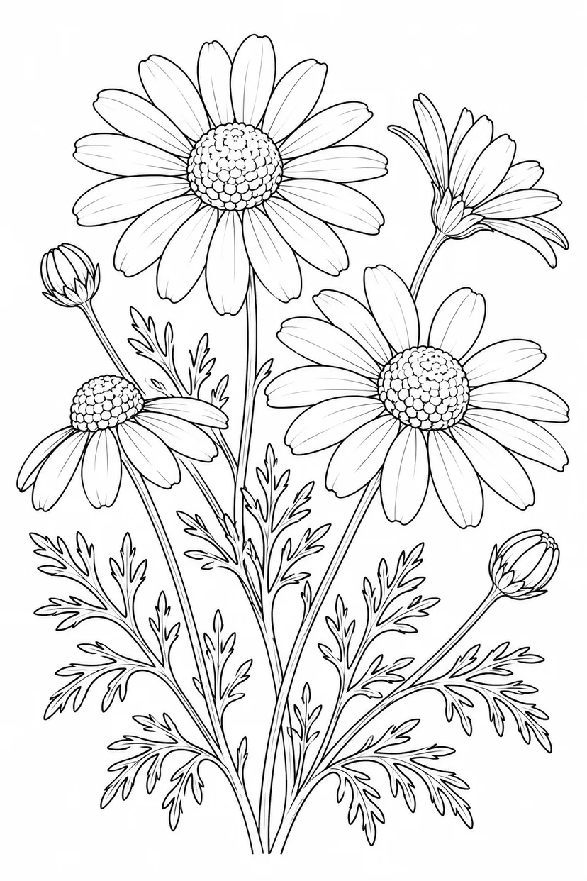 観察スケッチ：カモミールの花と葉の塗り絵