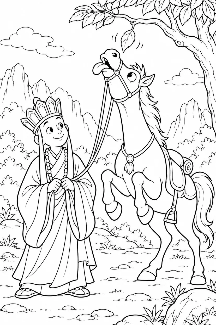 どたばた西遊記：白馬と歩く三蔵法師の塗り絵