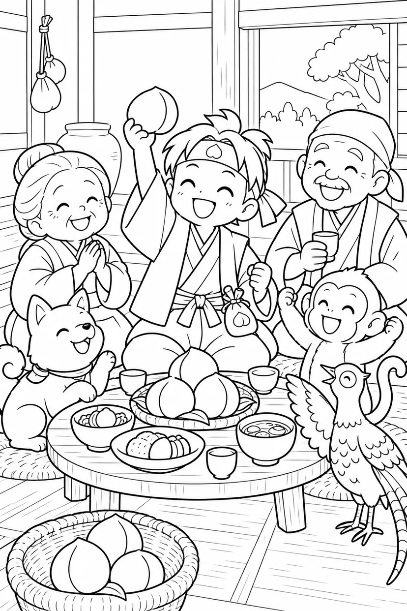 ほっこり桃太郎：桃太郎とみんなの祝い膳の塗り絵