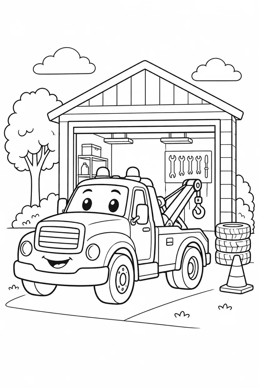 レッカー車と車庫の塗り絵