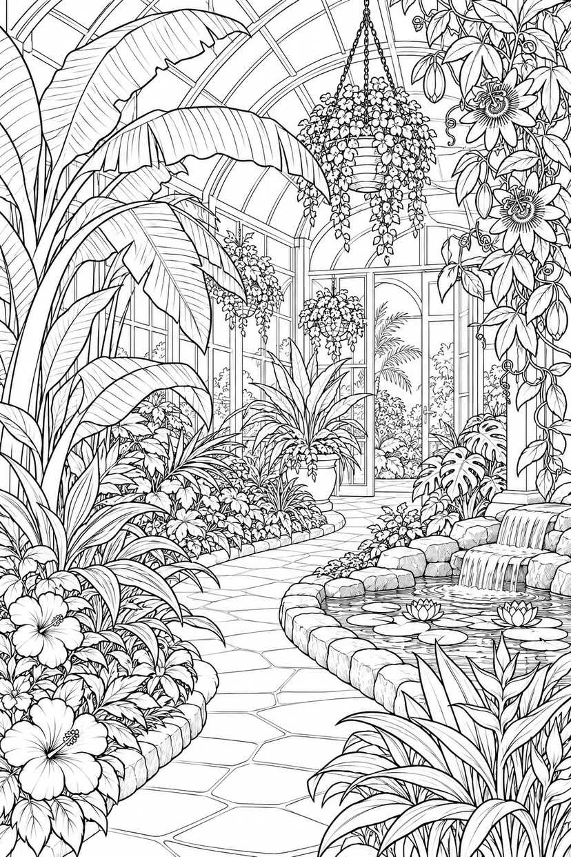 夏の温室の植物研究の塗り絵