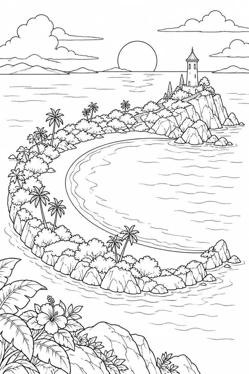 月の形をした島と小さな塔の塗り絵