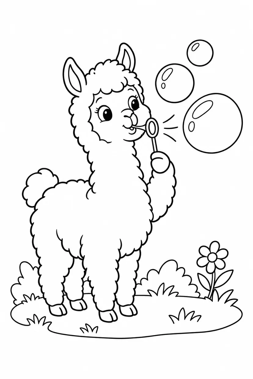 アルパカのシャボン玉あそびの塗り絵