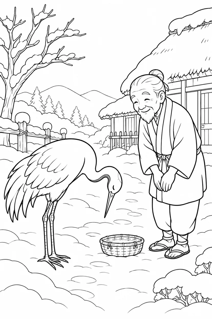 つるの恩返し：雪の小道でつるのおじぎの塗り絵