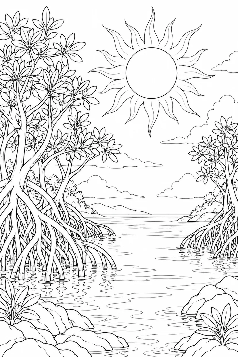 マングローブの入り江と日食の光の輪の塗り絵