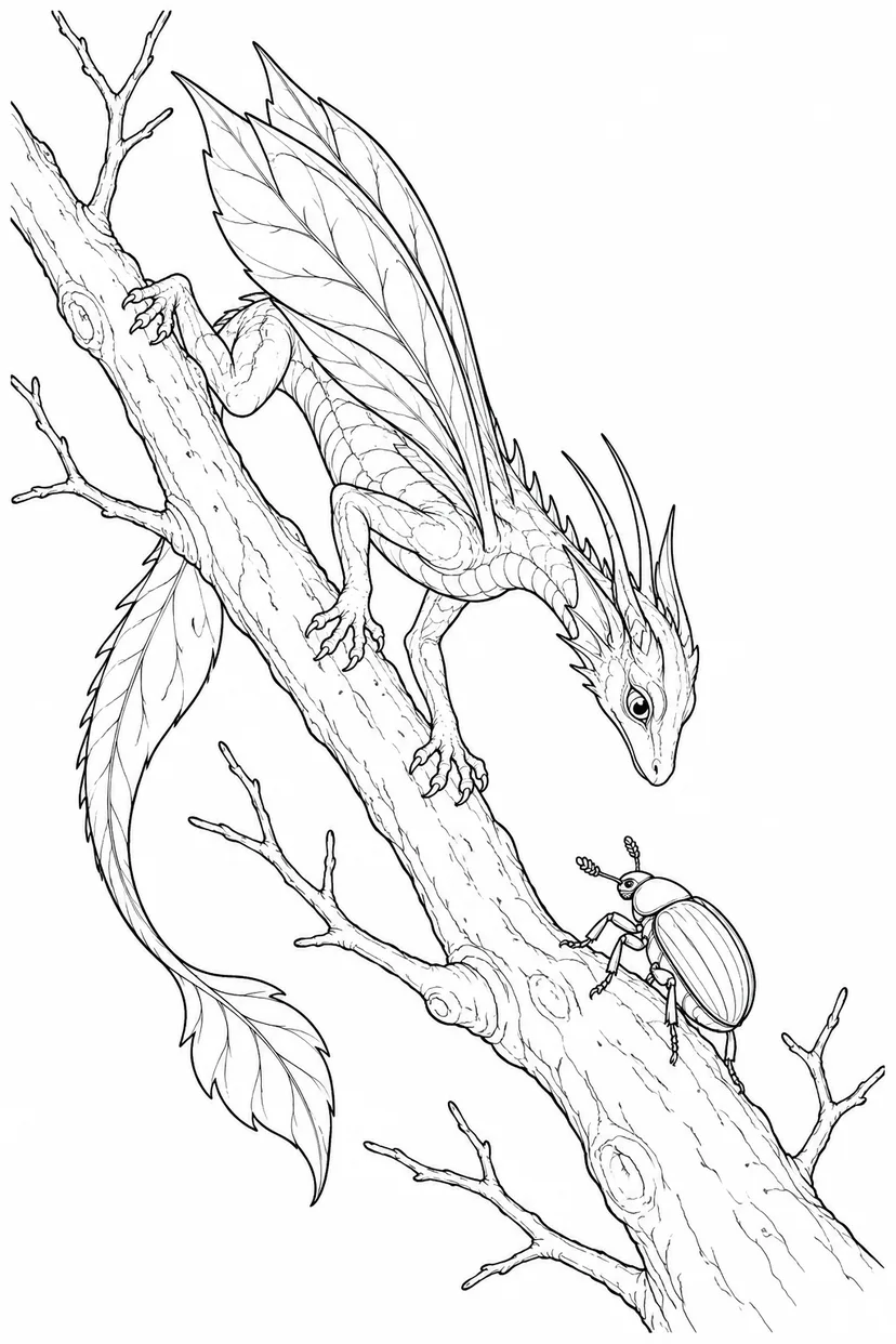Coloriage Dragon aux ailes de feuille agrippé à une branche