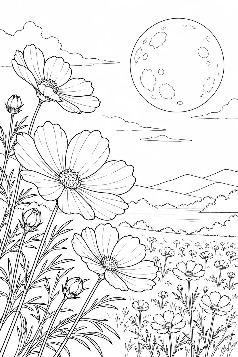 コスモスの花畑と満月の塗り絵