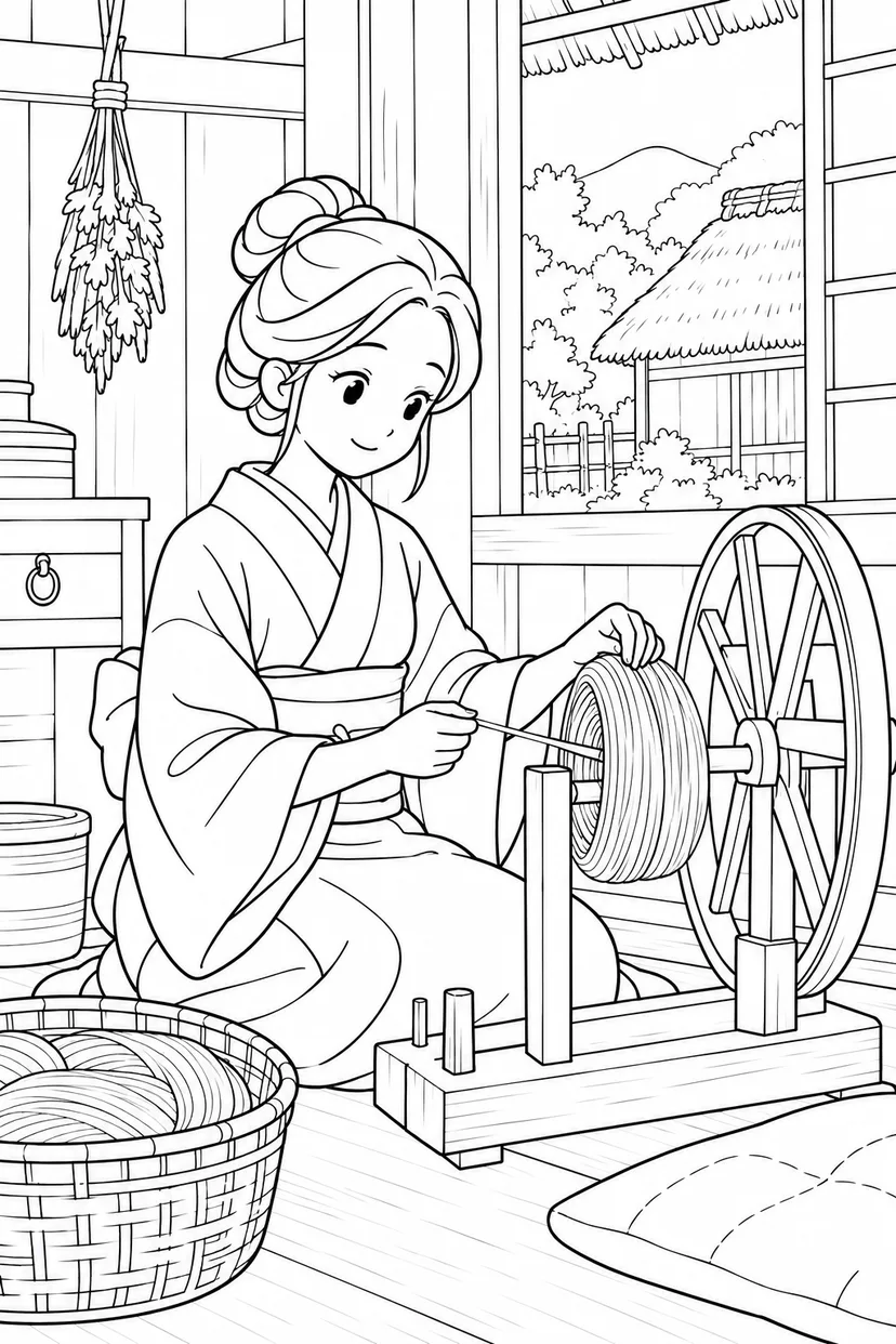 つるの恩返し：糸車とやさしい娘の塗り絵