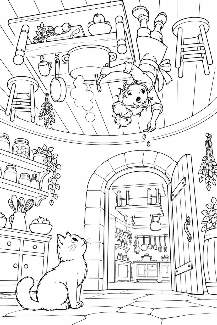 逆さまの城の台所の塗り絵