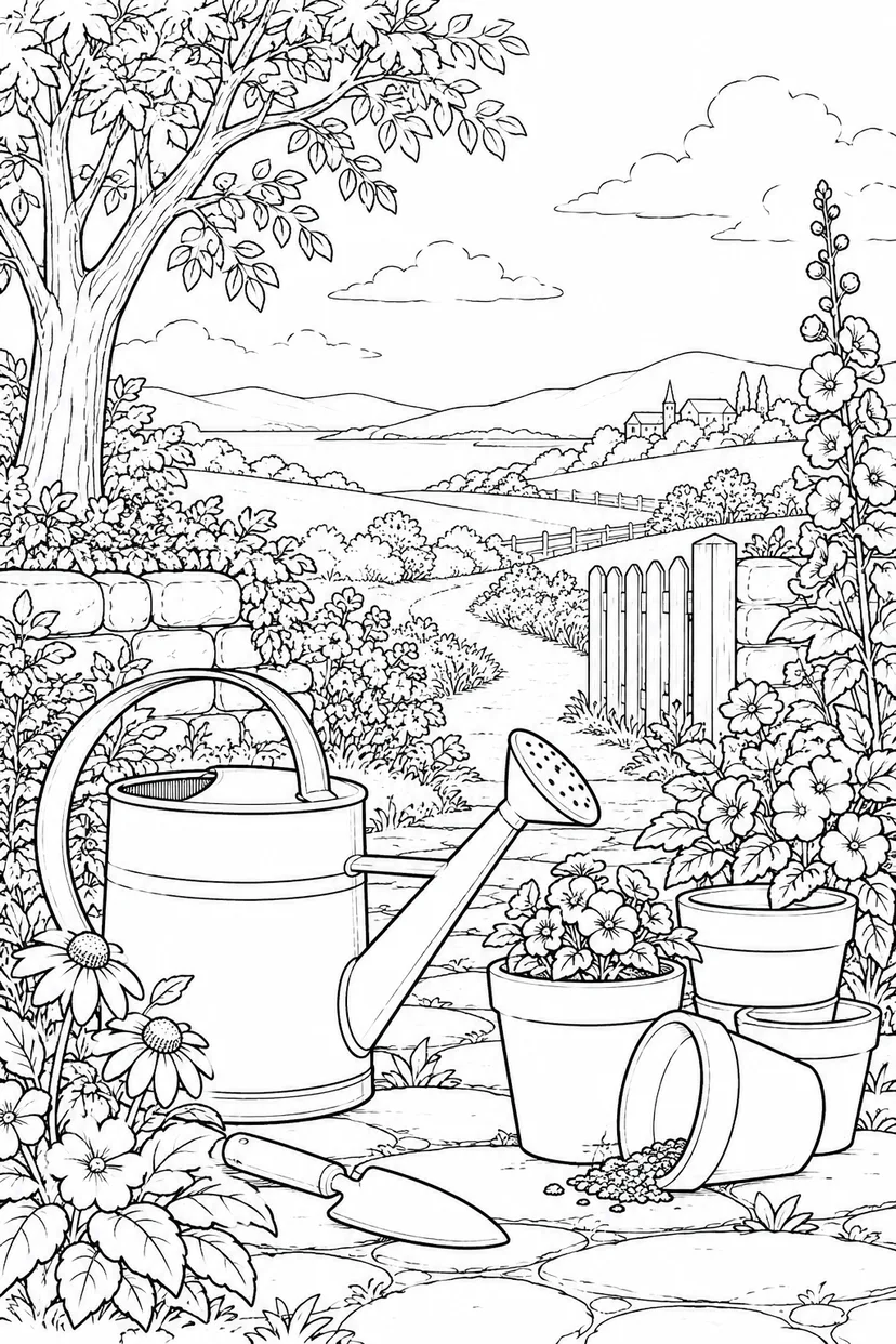 自然のひとこま：じょうろとテラコッタの鉢の塗り絵