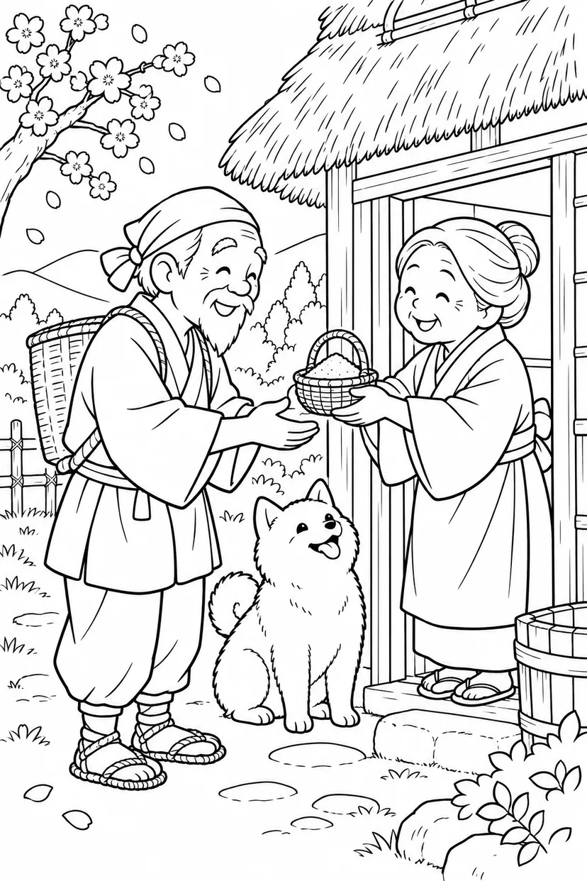 はなさかおじさん：おばあさんから受け取る灰のかご（ほっこり）の塗り絵