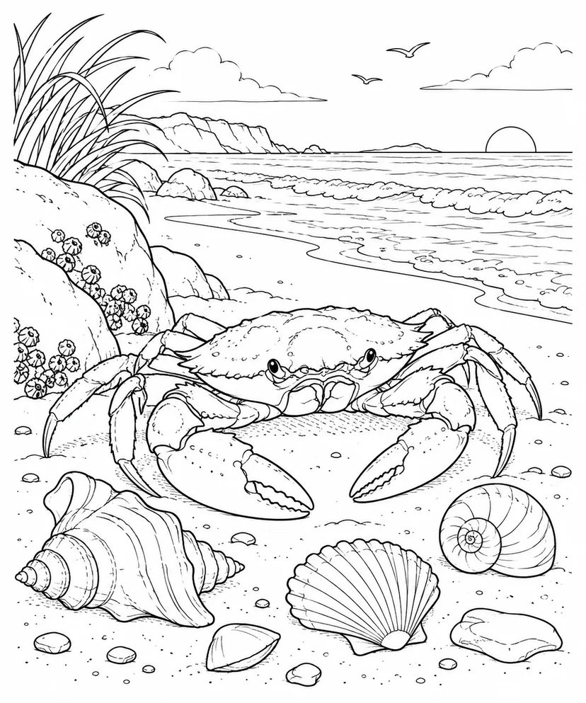 自然のひとこま：カニと浜辺の貝殻の塗り絵