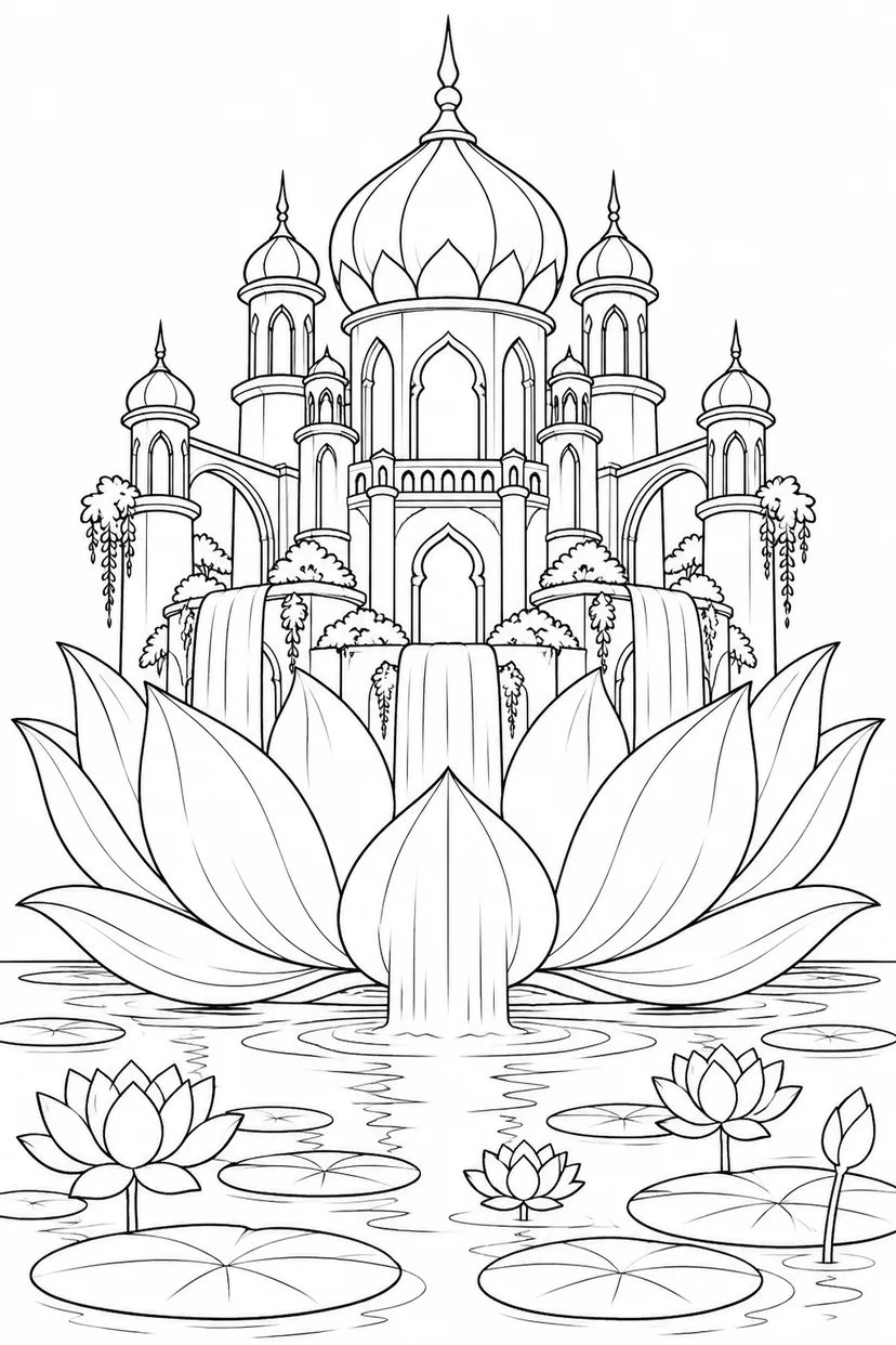 蓮の花から生まれた水の宮殿の塗り絵