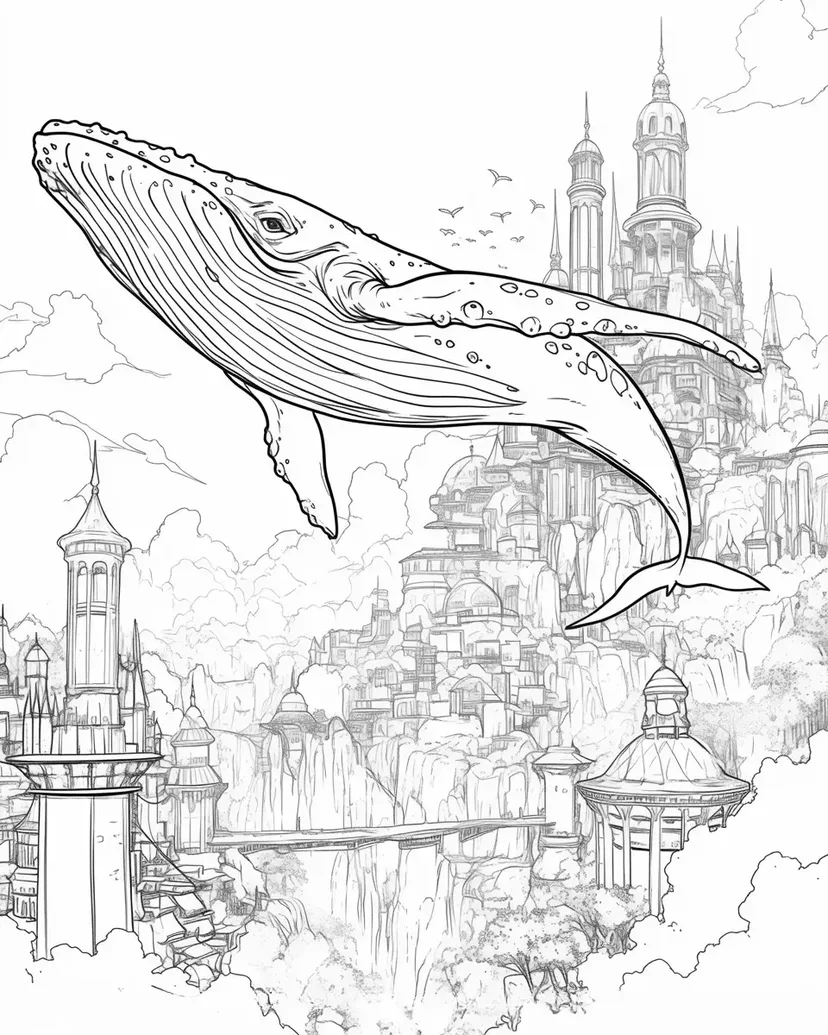 Dibujo de Ballena nadando en el cielo y castillo de fantasía para colorear