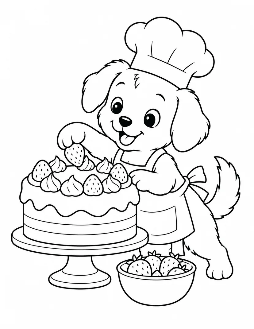 ケーキを飾る子犬の塗り絵