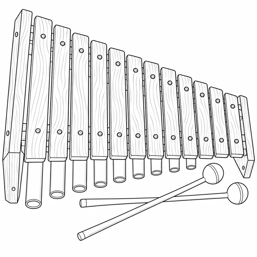 木琴の上に交差するマレットの塗り絵
