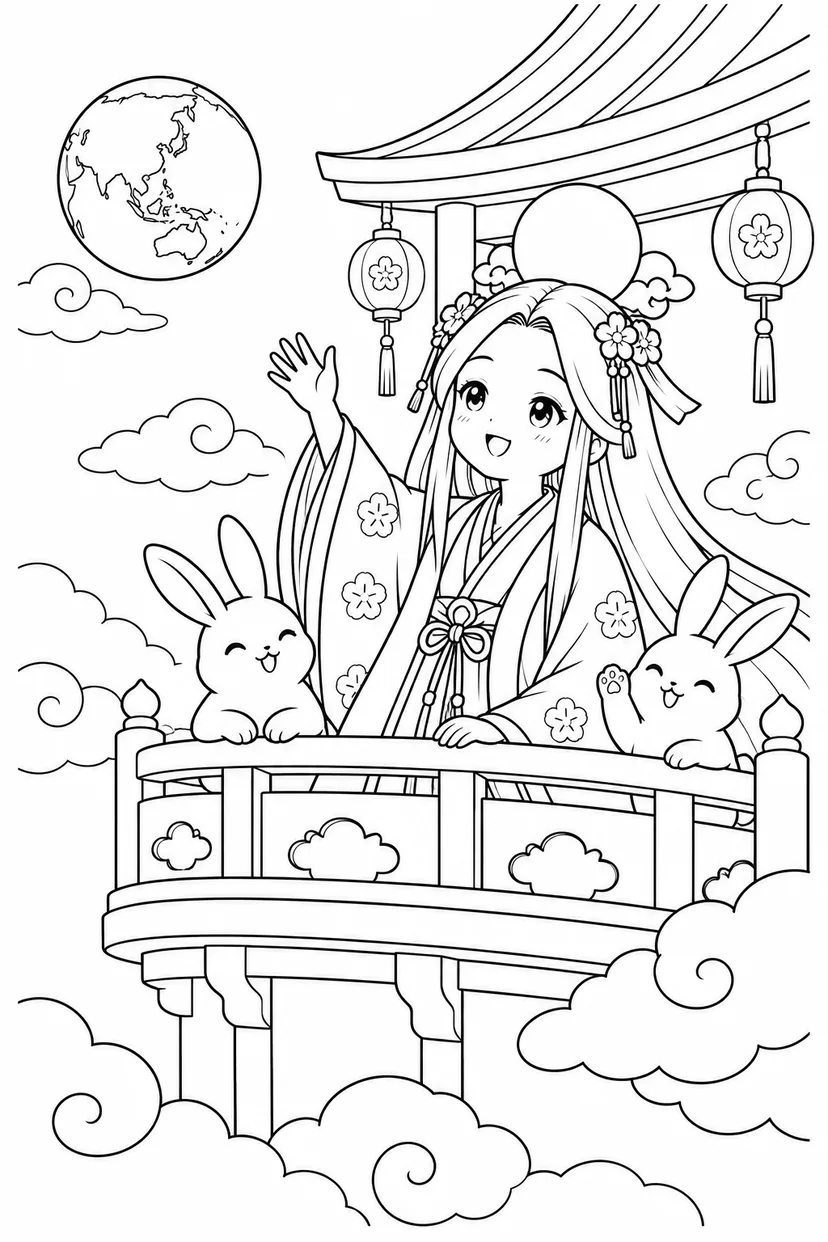かぐや姫の月からの手ふりの塗り絵