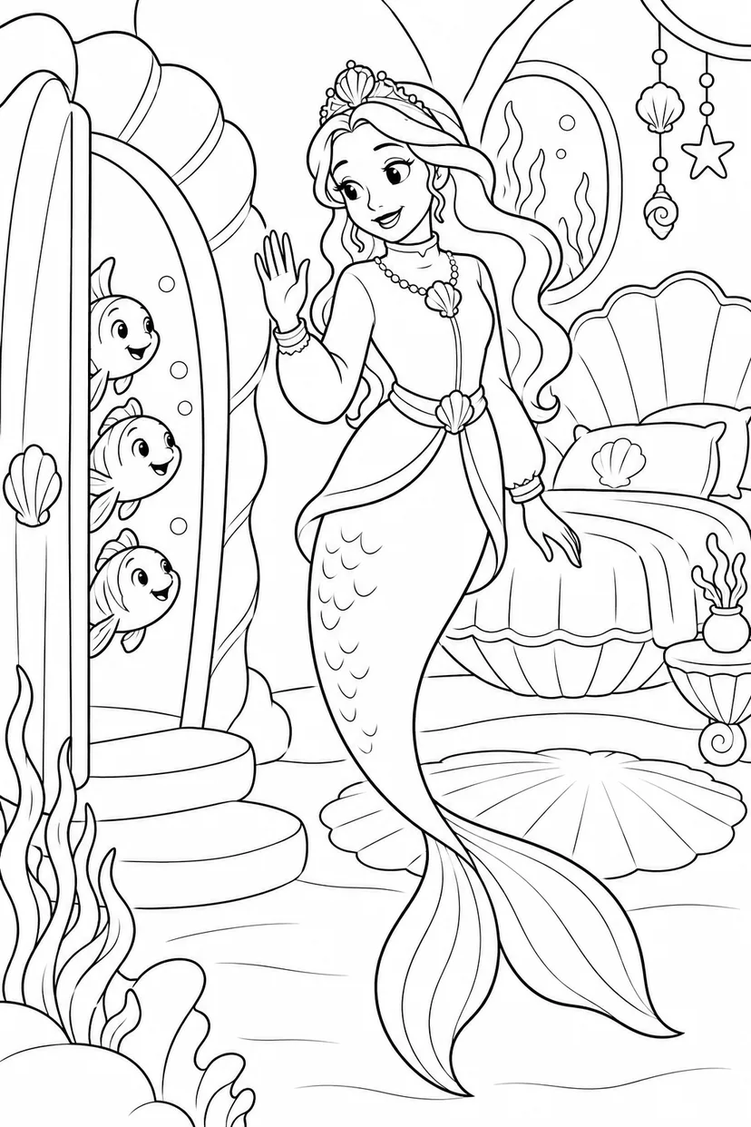 人魚姫：貝のベッドでおやすみの挨拶の塗り絵