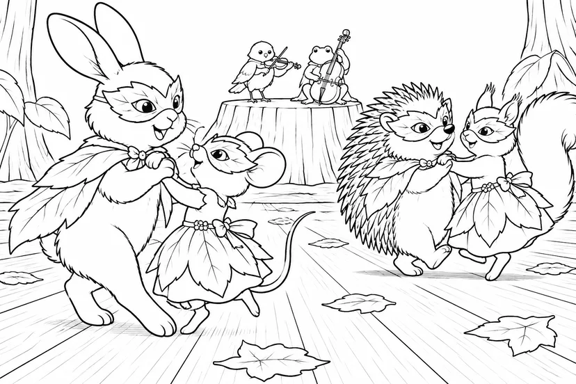 森の動物の小さな仮面舞踏会の塗り絵